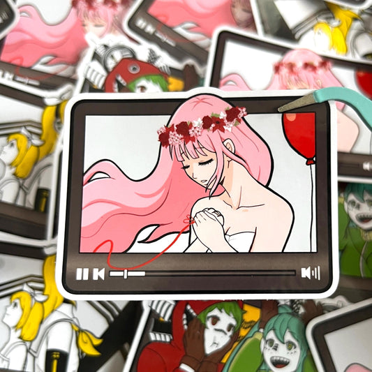 Sticker of Megurine Luka in Just Be Friends. Pink hair anime girl, red ribbon, red balloon, flower crown. Shaped like a video player.
