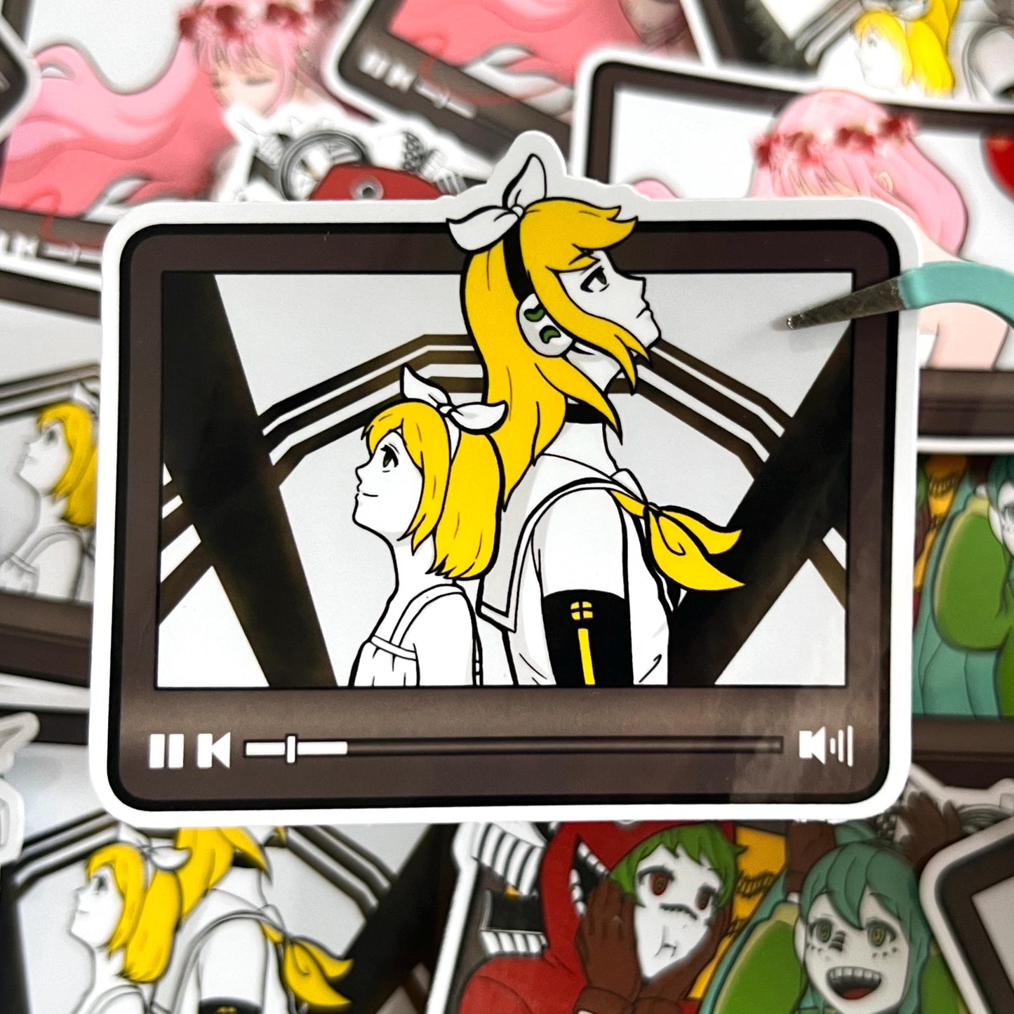 Sticker of RinKagamine in Meltdown shaped like a video player. Two anime girls standing in a nuclear reactor with blonde hair looking up.