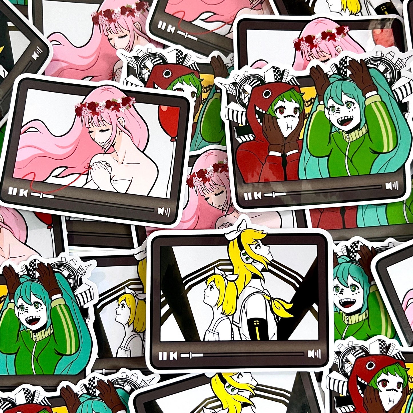 Cute, kawaii stickers of Vocaloids Luka Megurine in Just Be Friends, Rin Kagamine in Meltdown and Gumi and Hatsune Miku in Matryoshka. Waterproof vinyl song stickers