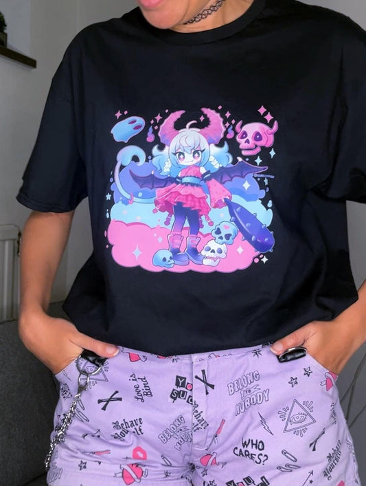 Black Shirt of a onianime girl with a spiked bat, wings and horns. Skulls and ghosts around her.