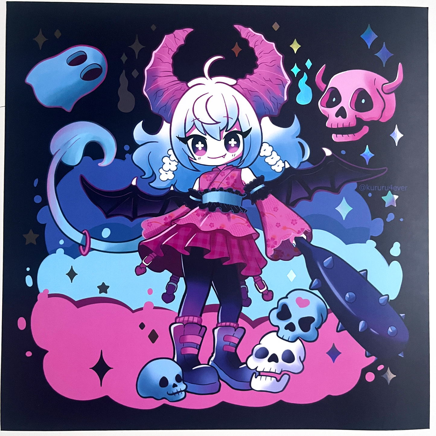 Demon Girl Square Poster with Holographic Rainbow Foil