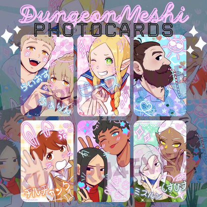 A list of photocards of Dungeon Meshi. Mithrun, Cithis, Laios, Faline, Marcille, Senshi, Chilchuk, Kabru and Rin.